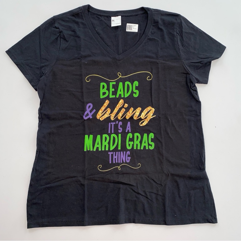 Black Mardi Gras Graphic V-Neck Tee